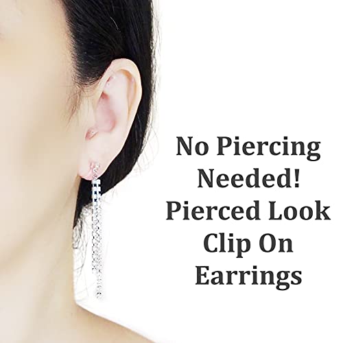 Dangle Silver Invisible Clip On Earrings for Women Not Pierced Gold Crystal Rhinestone Comfortable Hoop Fringe Long Chain Clip On Earrings - color: Pearl & Crystal