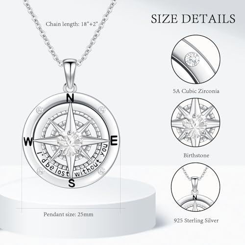 Compass Necklace Sterling Silver Nautical Graduation Gift | 925 Sterling Silver compass pendant with meaningful nautical design, jewelry for women, graduation and travel gift - color: Clear