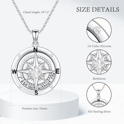 Compass Necklace Sterling Silver Nautical Graduation Gift | 925 Sterling Silver compass pendant with meaningful nautical design, jewelry for women, graduation and travel gift - color: Clear