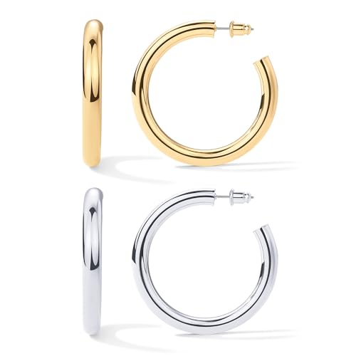 PAVOI Chunky Gold Hoop Earrings for Women, Lightweight 14K Gold Plated | Gold Hoops, Gold Plated Earrings, Womens Earrings, 14K Gold Hoop Earrings - color: Pack, size: 50 MM