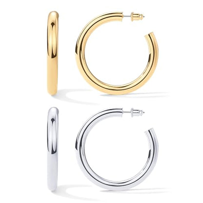 PAVOI Chunky Gold Hoop Earrings for Women, Lightweight 14K Gold Plated | Gold Hoops, Gold Plated Earrings, Womens Earrings, 14K Gold Hoop Earrings - color: Pack, size: 50 MM