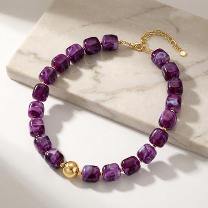 Chunky Colorful Beaded Choker Necklace for Women, Summer Beach Statement Resin Beads Necklace, Trendy Womens Summer Beach Jewelry Birthday Gifts for Vacation Holiday - color: Square Dark Purple Bead
