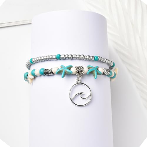 Starain Blue Turtle Anklets for Women Multilayer Beads Handmade Beach Ankle Bracelet Set Boho Foot Jewelry - color: Wave Beaded Anklet