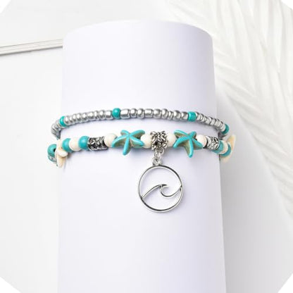 Starain Blue Turtle Anklets for Women Multilayer Beads Handmade Beach Ankle Bracelet Set Boho Foot Jewelry - color: Wave Beaded Anklet