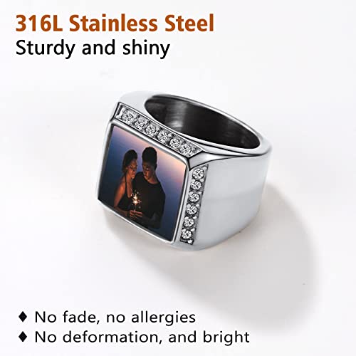 FindChic Customized Signet Photo Rings Square/Heart/Round Chunky Band Ring Stainless Steel/18K Gold Plated/Black Size 7 to 14 Personalized Jewelry for Men Women, Send Gift Box - color: 01. square (stainless steel)