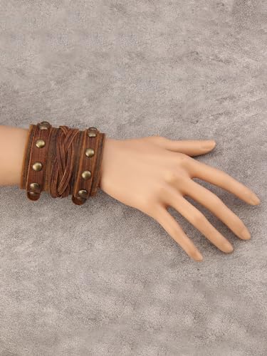 Jeilwiy Punk Leather Wristbands for Men Bracelets Handmade Wide Cuff Bangle Braided Jewelry Black Brown Adjustable - Punk Father's Gifts - color: Leather Brown Bracelet