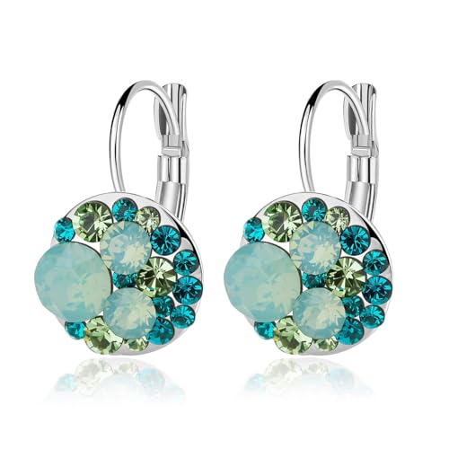 Multicolored Austrian Crystal Leverback Earrings for Women 14K Gold Plated Dangle Hoop Earrings Hypoallergenic Jewelry - color: Green Main Crystal/Silver-tone