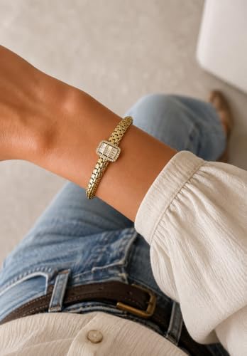 Diva Charm Gold Crystal Bangle Bracelet for Women, Stainless Steel Hinged Cuff Bracelet with Baguette Cubic Zirconia, Elegant Statement Jewellery