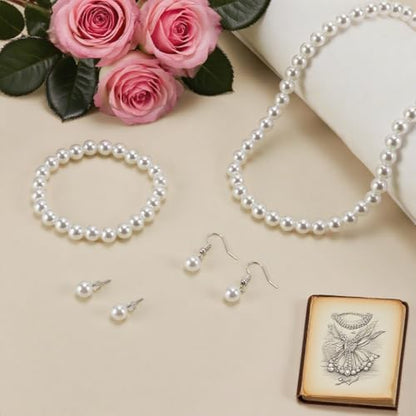 Pearl Jewelry Set for Women Faux Pearl Costume Jewelry Set with Necklace, Bracelets, Ring, Earrings for Wedding Bridal Birthday Tea Party - color: 4Pcs White