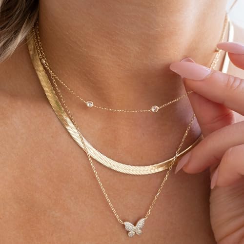 Dainty Silver Gold Necklaces for Women Cute Station Choker Simulated Diamond Necklace Simple Layering CZ Necklace Trendy Jewelry Gifts - color: Gold, style: 5pcs Round CZ-Cable Chain