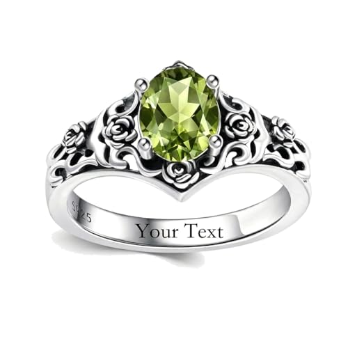 1 CT Oval Cut Gemstone Vintage Filigree Ring 925 Sterling Silver Retro Rose Teardrop Birthstone Statement Ring Anniversary Jewelry Gifts for Women Ring Size 4-13 - color: Aug-Peridot Green