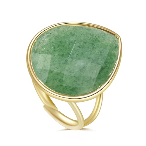 Crystal Ring for Women, Natural Rose Quartz Green Fluorite Ring for Her, Teardrop Shape Gemstone Ring, Handmade rose quartz Jewelry Adjustable Ring. - color: Green Strawberry Quartz