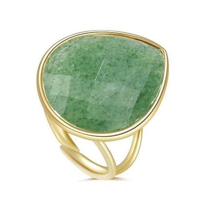 Crystal Ring for Women, Natural Rose Quartz Green Fluorite Ring for Her, Teardrop Shape Gemstone Ring, Handmade rose quartz Jewelry Adjustable Ring. - color: Green Strawberry Quartz