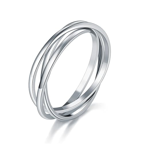 BORUO 925 Sterling Silver Ring, 14K Gold Plated Waterproof Fidget Anxiety Ring, Triple Row Rolling Interlocking Stacking High Polish Band for Women, Men| Each Band Width 1.8mm 3mm Size 4-12 - color: Waterproof 2mm 14K White Gold Plated Stainless Steel
