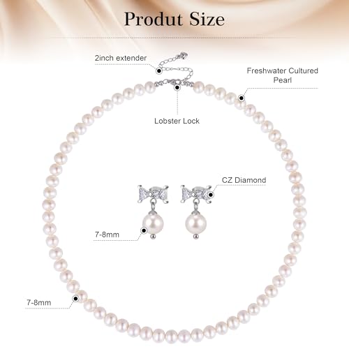 Freshwater Cultured Pearl Necklace Set Includes Cute Bow Pearl Earrings Jewelry for Women - size: 7 to 8mm