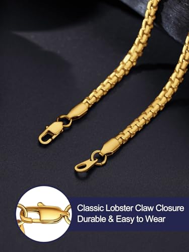 Bandmax Solid Stainless Steel Flat Box Link Chains 2MM/4MM/6MM/8MM Silver/Gold/Black Rolo Cable Chain Necklaces for Men Women 14"-30" Length, Gift Packed - color: 06 4MM-14K Gold Plated