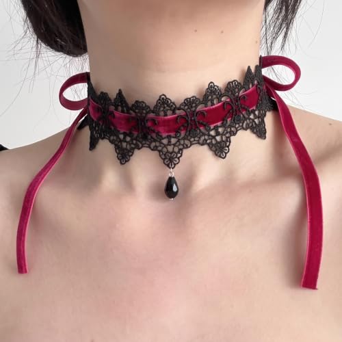 Gothic Lace Choker Necklace for Women Vintage Y2K Black Red Velvet Ribbon Tie Back Chokers Vampire Cosplay Jewelry Accessories (Red)