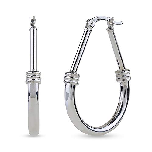 LeCalla 925 Sterling Silver Hoop Earrings for Women | Italian Design Classic Diamond-Cut Textured Hoops Earring | Women's Oval Drop Shape Silver Earring Jewelry - color: Large Classic