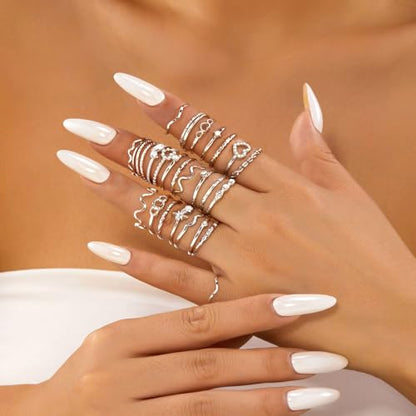 Gold Rings for Women Non Tarnish Stackable Rhinestone Moon Star Rings Dainty Stacking Pearl Butterfly Midi Pinky Thumb Joint Finger Knuckle Ring Set Gold Non Tarnish Jewelry Gifts Trendy Stuff - color: D Silver Stackable Rings 28Pcs
