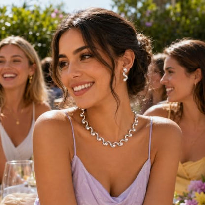 Wavy Pearl Necklace for Women, Rhinestone Crystal Accented Faux Pearl Choker Jewelry Set, Adjustable Statement Necklace for Party Wedding Anniversary
