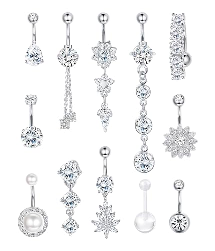 FIBO STEEL 14G Belly Button Rings Dangle 316L Stainless Steel Belly Rings for Women Navel Piercing Jewelry 12 Pcs - color: Silver Plated