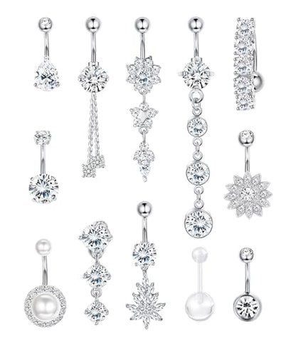FIBO STEEL 14G Belly Button Rings Dangle 316L Stainless Steel Belly Rings for Women Navel Piercing Jewelry 12 Pcs - color: Silver Plated