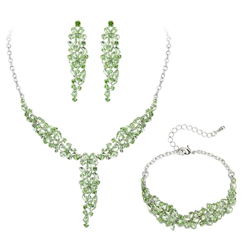 EleQueen Statement Sparkle Crystal Necklace Bracelet Dangle Earrings Set for Women, Art Deco Prom Chandelier Jewelry for Wedding Bridal - color: Green-Silver-Plated-Base