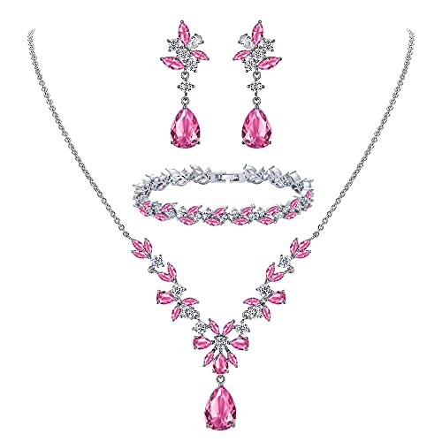 EleQueen Women's Wedding Bridal Jewelry Set for Brides Bridesmaids, Silver/14K Gold/Rose Gold Plated Cubic Zirconia Teardrop Necklace Dangle Earrings Bracelet Sets for Party Prom - color: 07-Pink Color-Necklace+Earrings+Bracelet