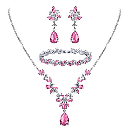 EleQueen Women's Wedding Bridal Jewelry Set for Brides Bridesmaids, Silver/14K Gold/Rose Gold Plated Cubic Zirconia Teardrop Necklace Dangle Earrings Bracelet Sets for Party Prom - color: 07-Pink Color-Necklace+Earrings+Bracelet