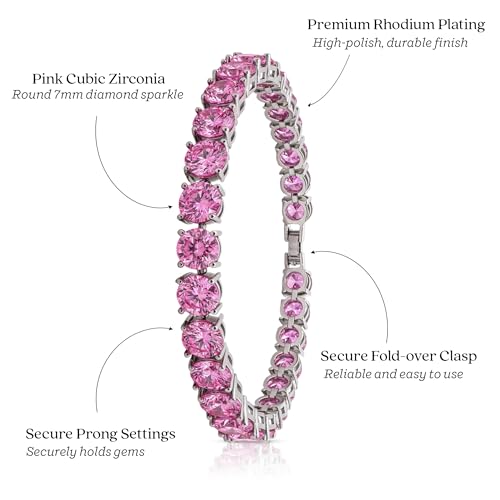 KEZEF Tennis Bracelet for Women, 7mm Round CZ, Silver Plated Brass, 6.5–8 Inch, Fold-Over Clasp - color: Pink CZ, size: 7 Inch