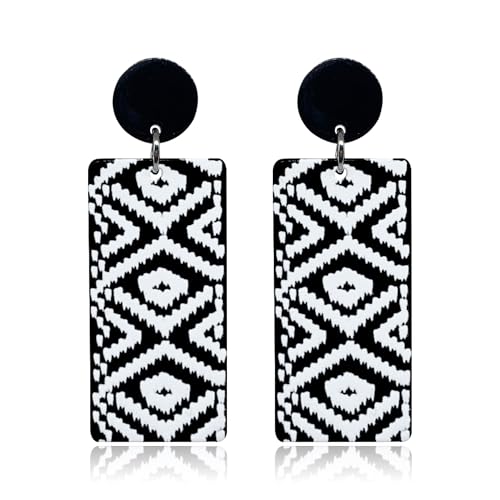 KaFu Checkerboard Earrings for Women 70s 80s Retro Acrylic Black White Striped Checkered Geometric Dangle Earrings Resin Rectangle Earrings Statement Jewelry - color: style-2