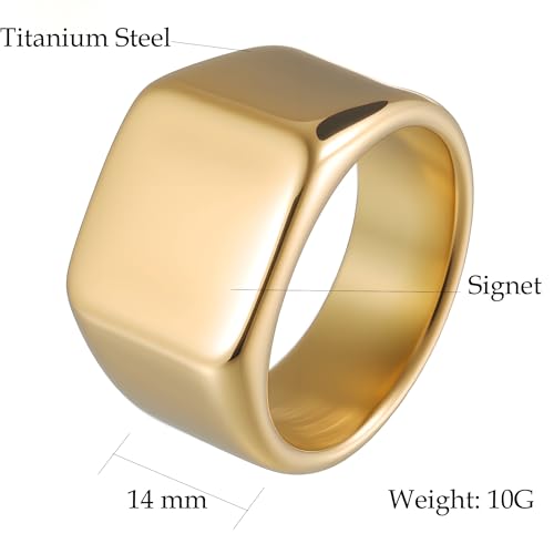 Mens Stainless Steel Plain Signet Rings 4/7/10/14MM Rectangular Pinky Rings | High Polish Classic Blank Thumb Rings, Everyday Comfit Wear, Gift for Men - color: Gold14