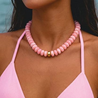 Beaded necklace for Women Boho Bead Gemstone Chunky Necklace Big Bead Necklace Fashion Trendy Summer Necklaces Jewelry Gifts - color: Pink&GD Beaded
