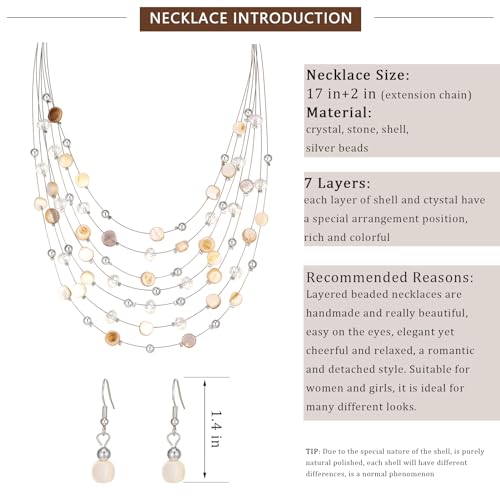 Multi-Layer Boho Shell Beaded Necklace for Women Colorful Crystal Strand with Silver Beads Statement Collars Necklace and Earrings Costumes Jewelry Sets for Women - color: Natural