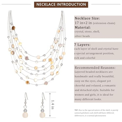 Multi-Layer Boho Shell Beaded Necklace for Women Colorful Crystal Strand with Silver Beads Statement Collars Necklace and Earrings Costumes Jewelry Sets for Women - color: Natural