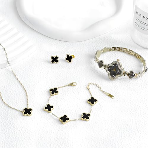 5 Pieces Lucky Clover Jewelry Set for Women Gold Jewelry Set 18K Gold Plated Flower Design Five Leaf Necklace Bracelet Ring Earrings for Women - color: Clover Black Watch