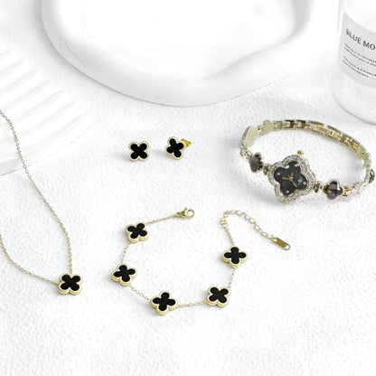 5 Pieces Lucky Clover Jewelry Set for Women Gold Jewelry Set 18K Gold Plated Flower Design Five Leaf Necklace Bracelet Ring Earrings for Women - color: Clover Black Watch