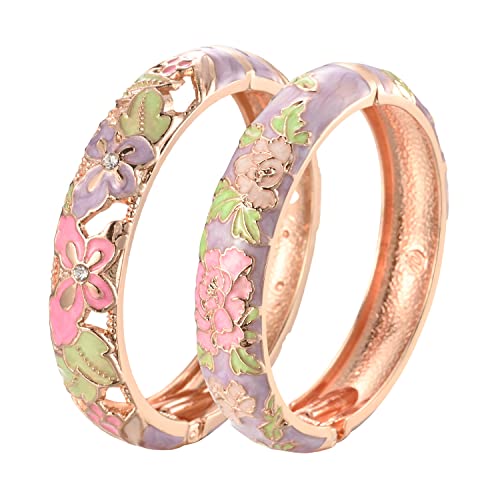 UJOY Handcraft Cloisonne Jewelry Bracelet Colorful Enamel Butterfly Flower Bird Hollowed Spring Hinged Cuff Bangles Women Gifts Pack in Box 88A11 - color: A09-2 Pcs/set-Butterfly-Purple