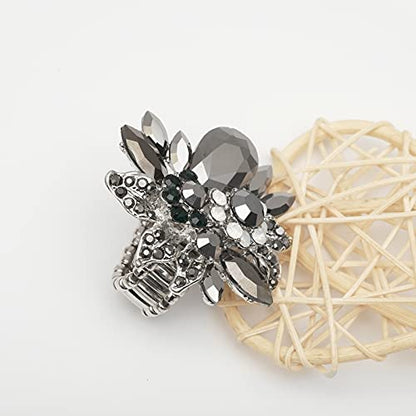 CSY Luxury Froral Cocktail Statement Rings Stretch Adjustable Ring | Gorgeous Women's Austrian Crystal Leaves Flower Big Cocktail Statement Rings Stretch Adjustable Ring Jewelry Accessories - color: Black
