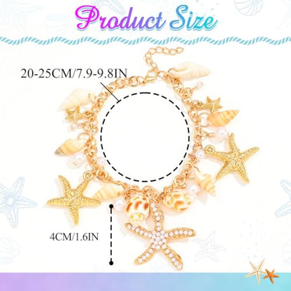 Sea Shell Starfish Anklet with Pearl Charms, Layered Heart Beach Statement Chunky Ankle Bracelet, Gold Tone Chain - color: Gold A