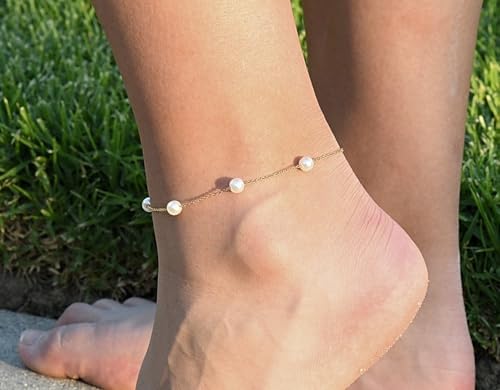 14k Gold Plated Pearl Ankle Bracelets for Women, Dainty Waterproof Anklets