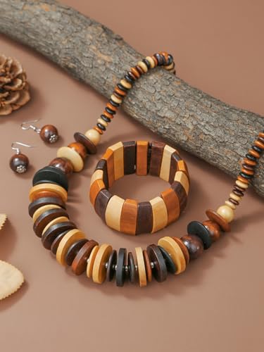 Colorful Ethnic Wooden Earrings Round Statement Dangle Earrings Multilayered Geometric Beaded Bracelet Necklace Set for Women Exaggerated Tribal Jewelry - color: Mixed Color B