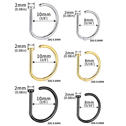 VOJO G23 Titanium 20G Nose Rings Hoops L Shaped Screw Nose Studs Diamond Small Piercing Jewelry for Women Men - color: D Nose Hoop Silver Gold Black,20G 8mm+10mm