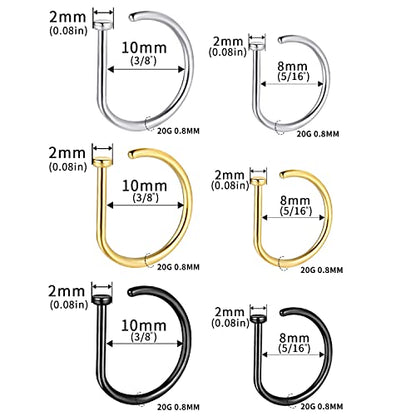 VOJO G23 Titanium 20G Nose Rings Hoops L Shaped Screw Nose Studs Diamond Small Piercing Jewelry for Women Men - color: D Nose Hoop Silver Gold Black,20G 8mm+10mm