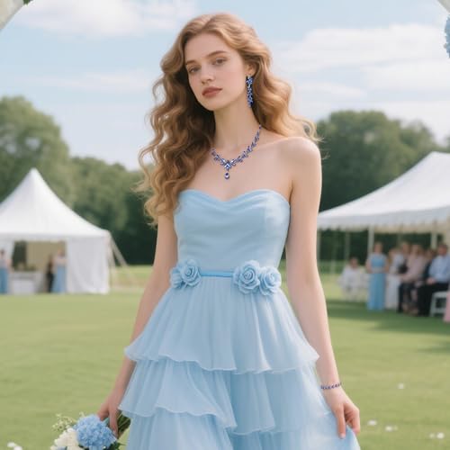 EVER FAITH Marquise Crystal Leaf Bridal Prom Jewelry Set for Women Bride | Rhinestone Wedding Party Necklace Dangle Earrings Tennis Bracelet, for Bridesmaid - color: Light Blue