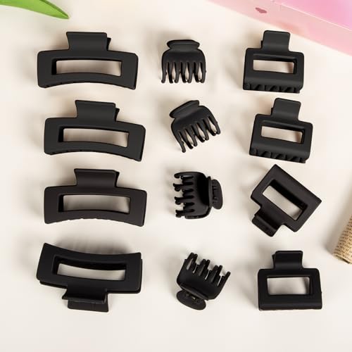 12 PCS Hair Claw Clips for Women – Small Medium Large Claw Clips for Thin or Thick Hair (Black) - color: Black