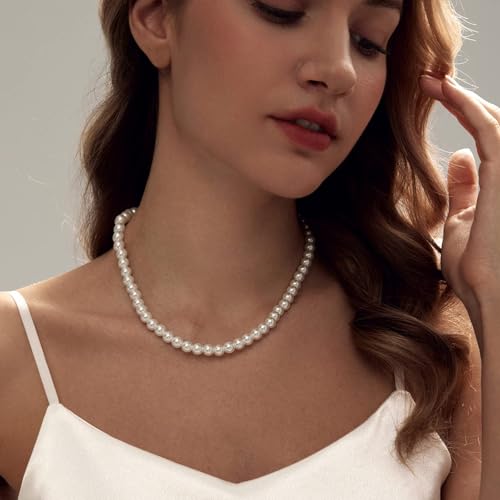 LULII Pearl Necklaces for Women 14K Gold Plated Dainty Layered Single Pearl Necklace Simple Daisy Pearls Choker Cute Gold Necklace Stack Jewelry Sets for Women Trendy Gifts - color: Silver-8mm Pearl