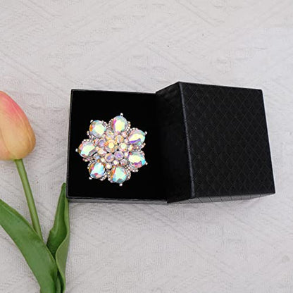 Flower Shape Crystal Cocktail Stretch Ring Party Prom Floral Statement Elastic Ring for Women - color: AB crystal-Platinum tone