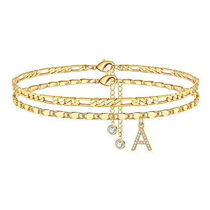 Ursteel Ankle Bracelets for Women, 14K-Gold-Plated Dainty Layered Chain CZ Initial Anklets Set Summer Jewelry Gifts for Women - style: A-Gold-Plated