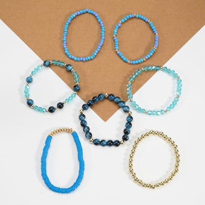 7/12Pcs Set Bohemian Stackable Crystal Seed Beaded Elastic Stretch Bracelet Multilayerd Handmade Brass Bead for Women Jewelry Surfer Heishi Polymer Clay Layering - color: blue
